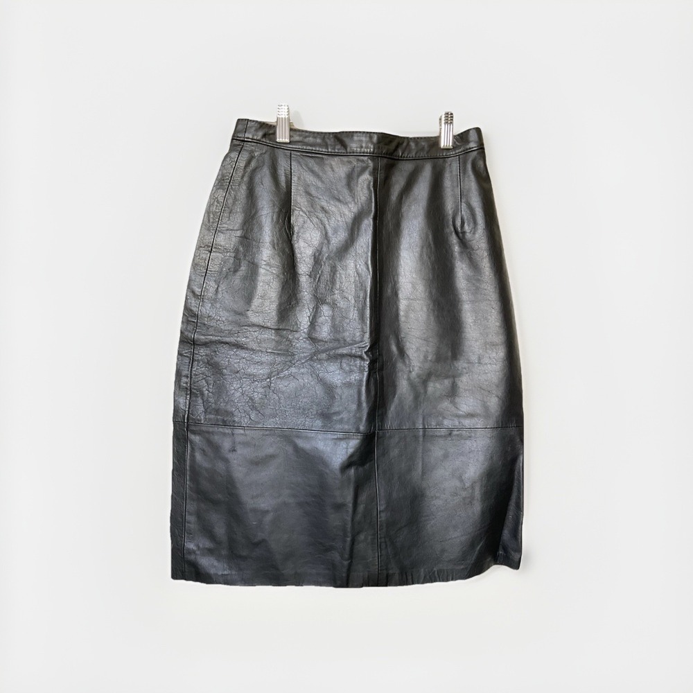 Vintage Lined Black Leather Skirt Made In Argentina Vintage Size 11/12 Waist 28"